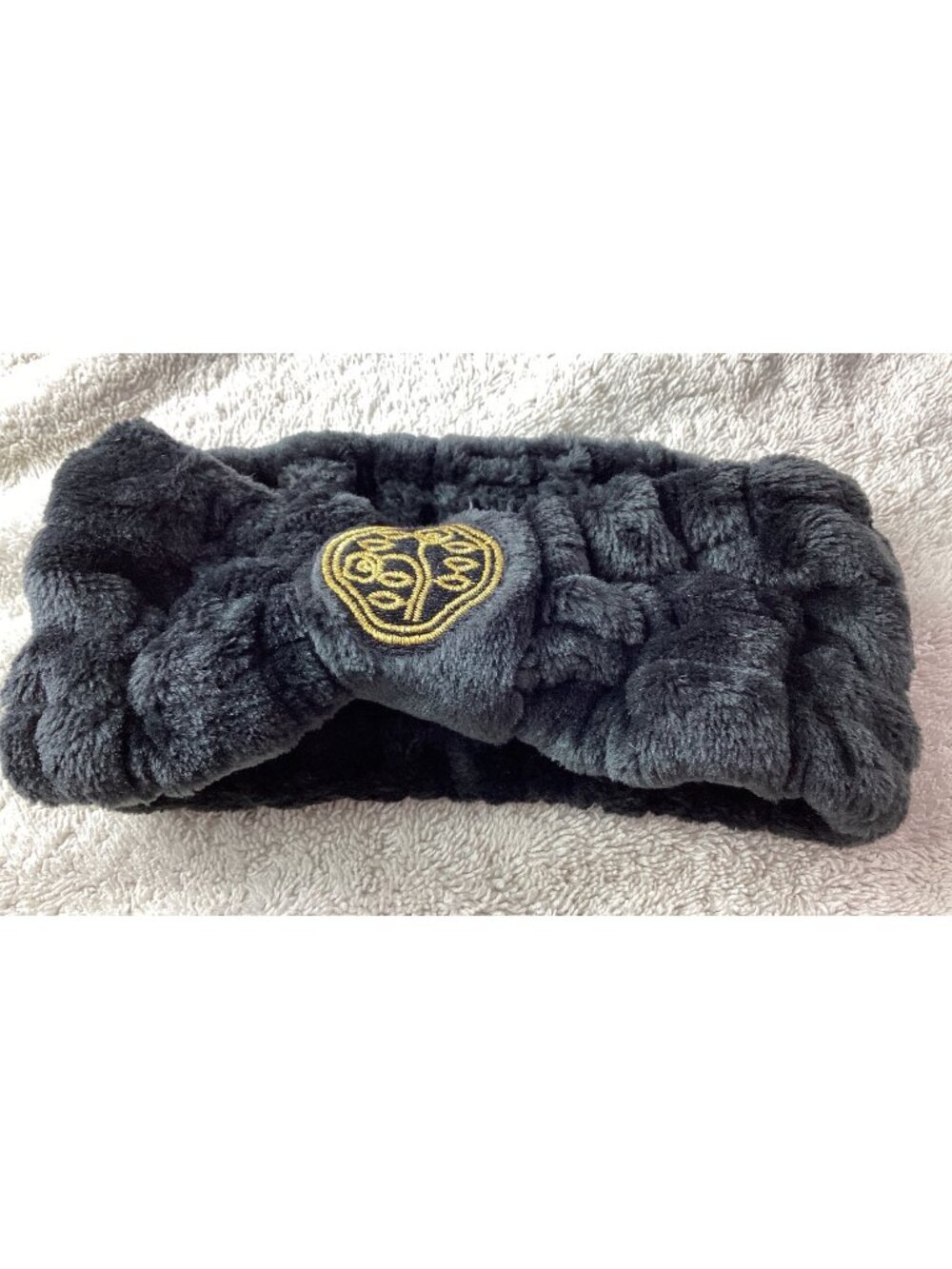 Shiseido Black Faux Fur Headband With Gold Embroidered Design - Soft*NIP